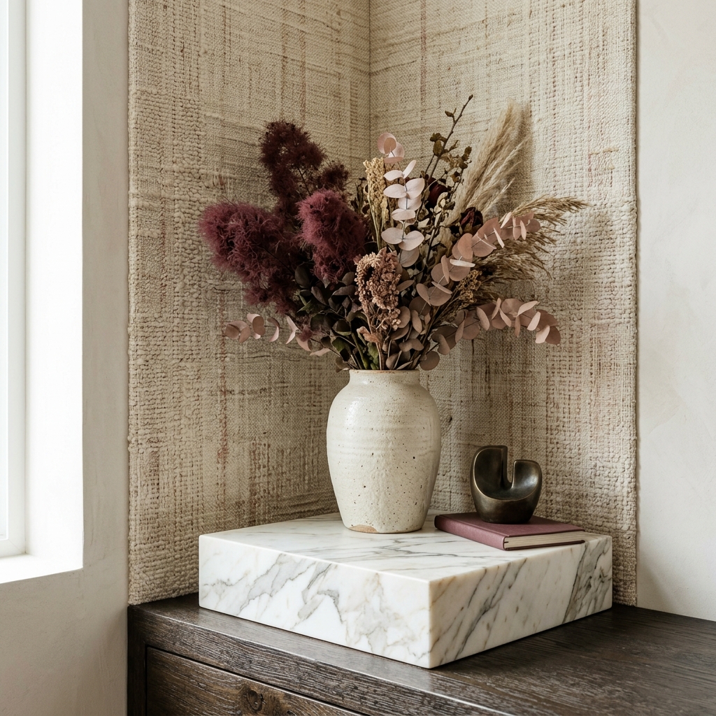 High-detail architectural crop shot focusing on a luxurious textural vignette