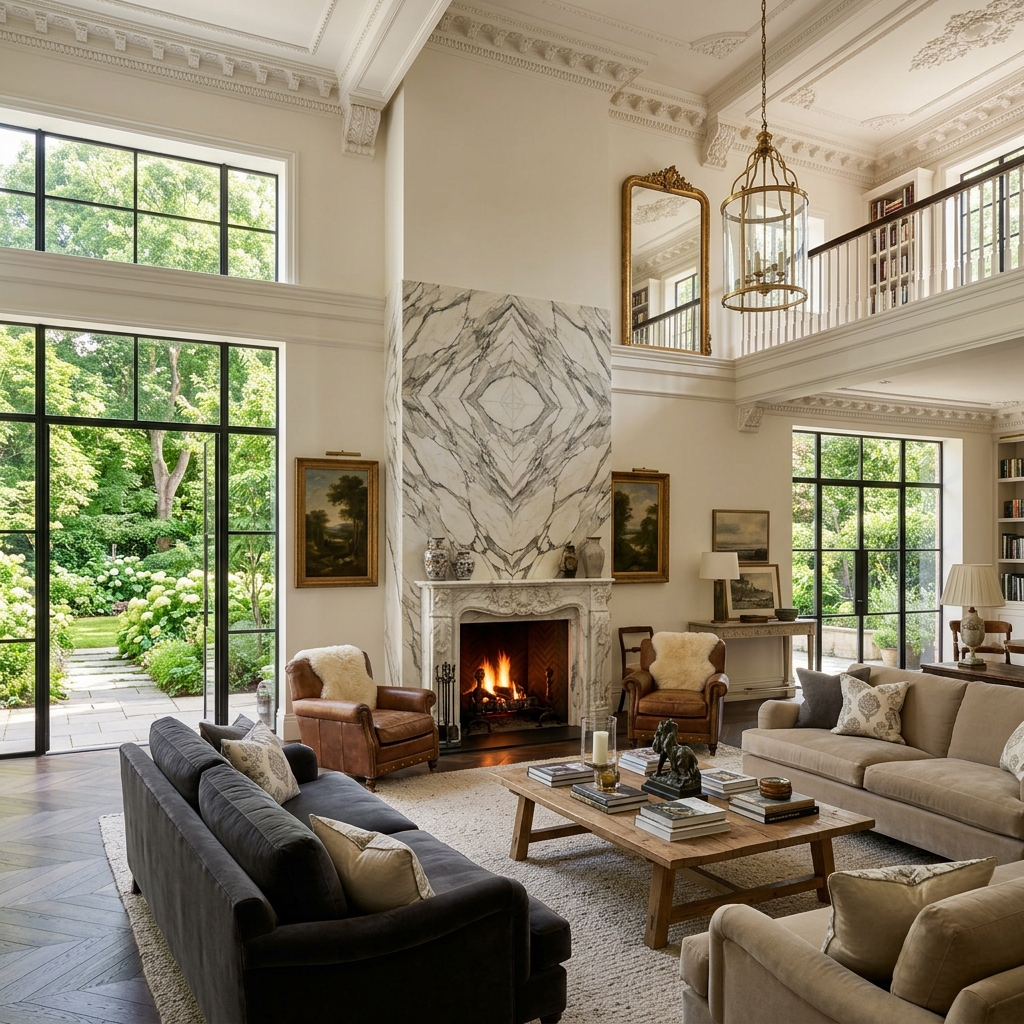A grand architectural interior featuring high ceilings with intricate crown molding